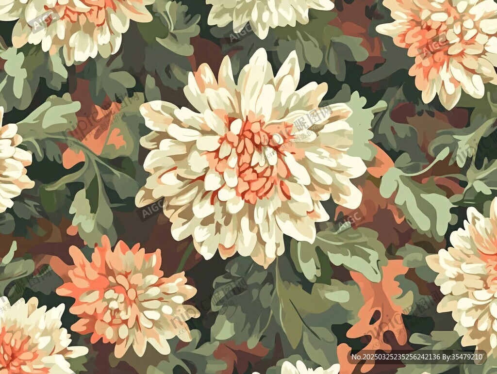 花卉圖案 清新菊花與綠葉