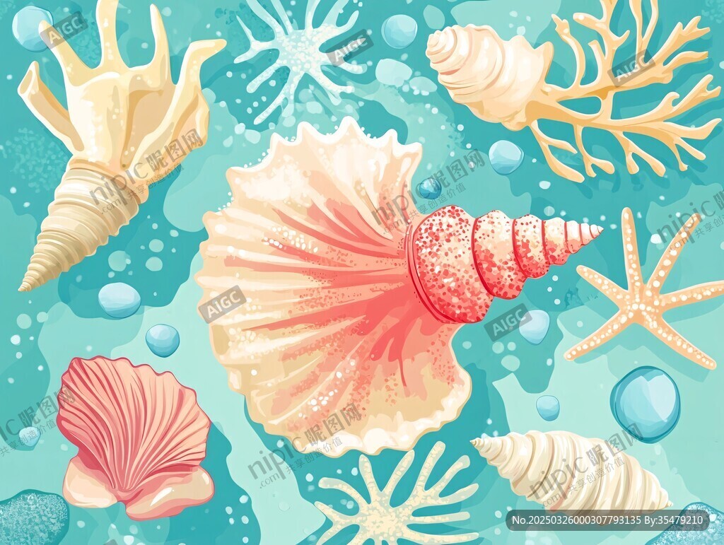 夢幻海底貝殼海星插畫