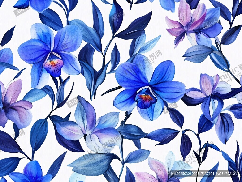 藍(lán)色蘭花水彩花卉圖案