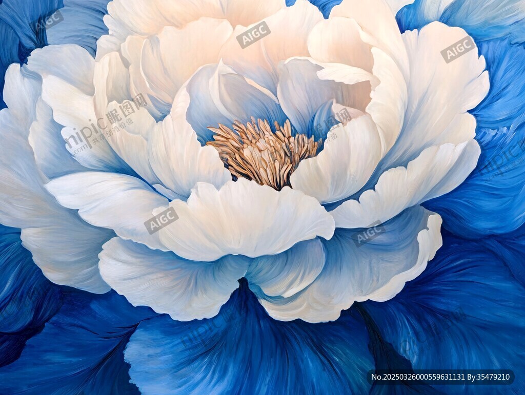 藍白牡丹花卉藝術插畫