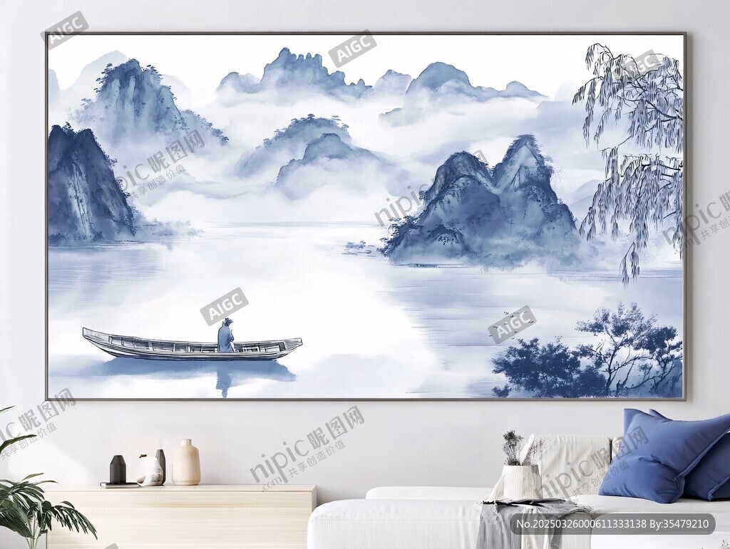 水墨山水間的孤舟意境
