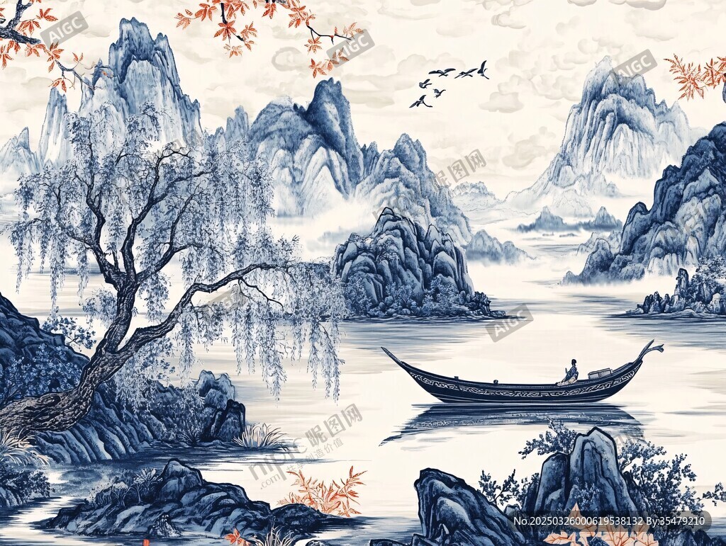 水墨山水間的孤舟逸景