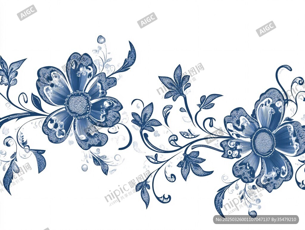 藍(lán)白花卉精致邊框圖案
