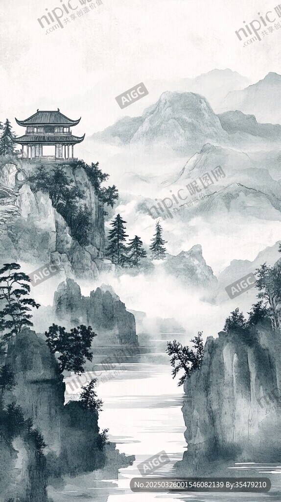 水墨山水間的古韻樓閣