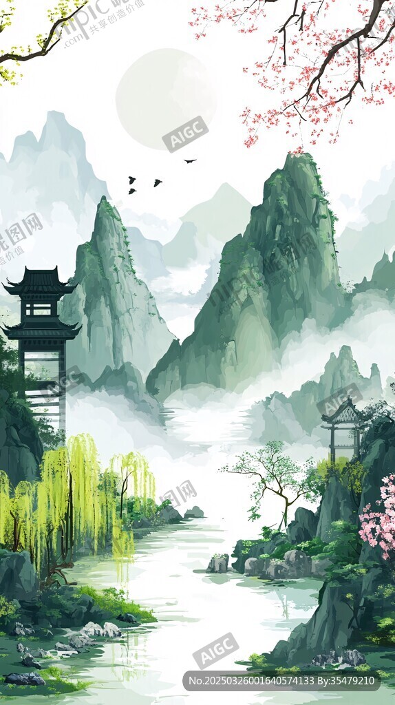 水墨山水間的詩意亭閣
