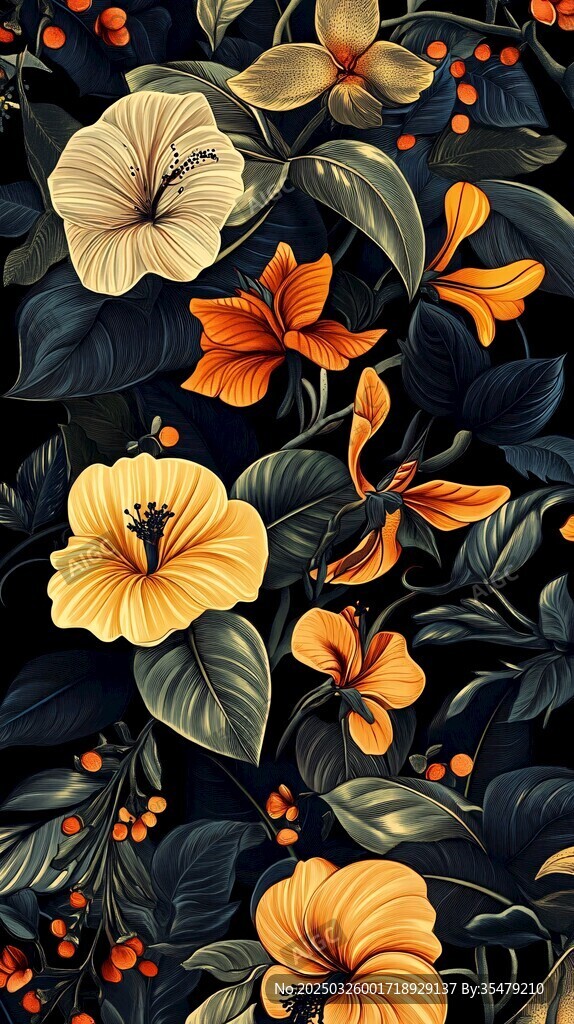 熱帶花卉深色背景圖案