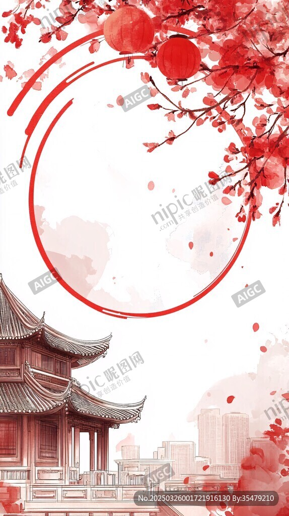 古風(fēng)紅韻中式建筑美景圖