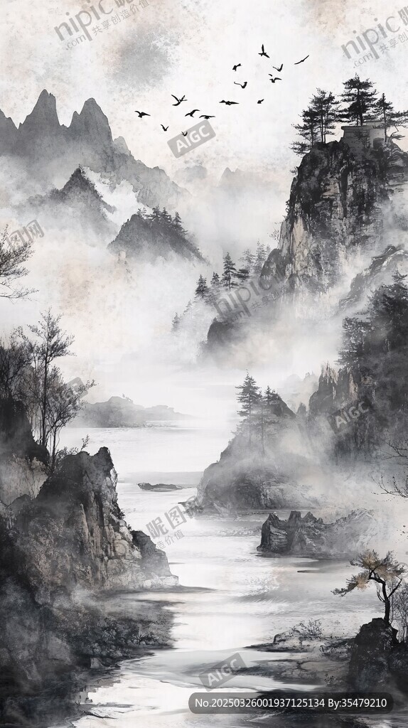 水墨山水間飛鳥伴溪流