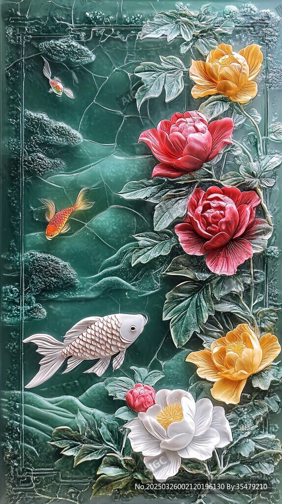 牡丹錦鯉浮雕圖