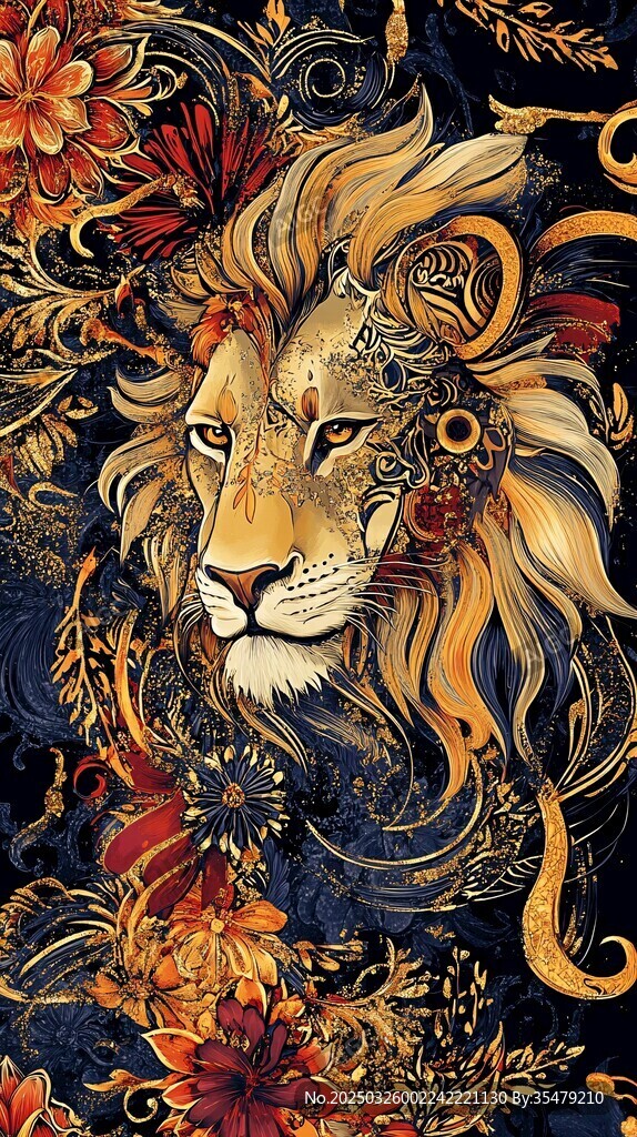 華麗獅頭花卉藝術圖案
