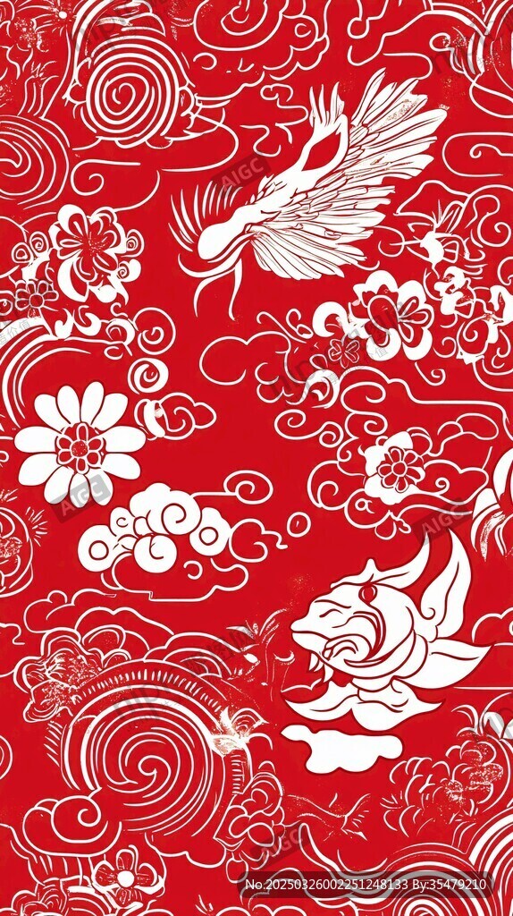 中式紅底祥瑞花紋圖案