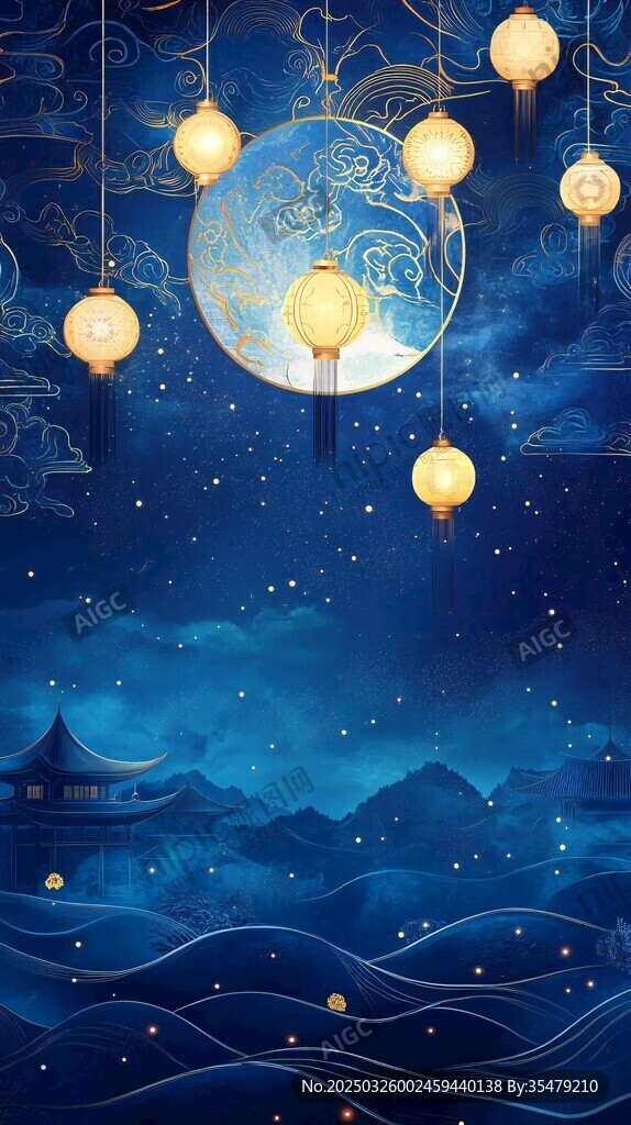 月夜燈籠下的中式浪漫圖景