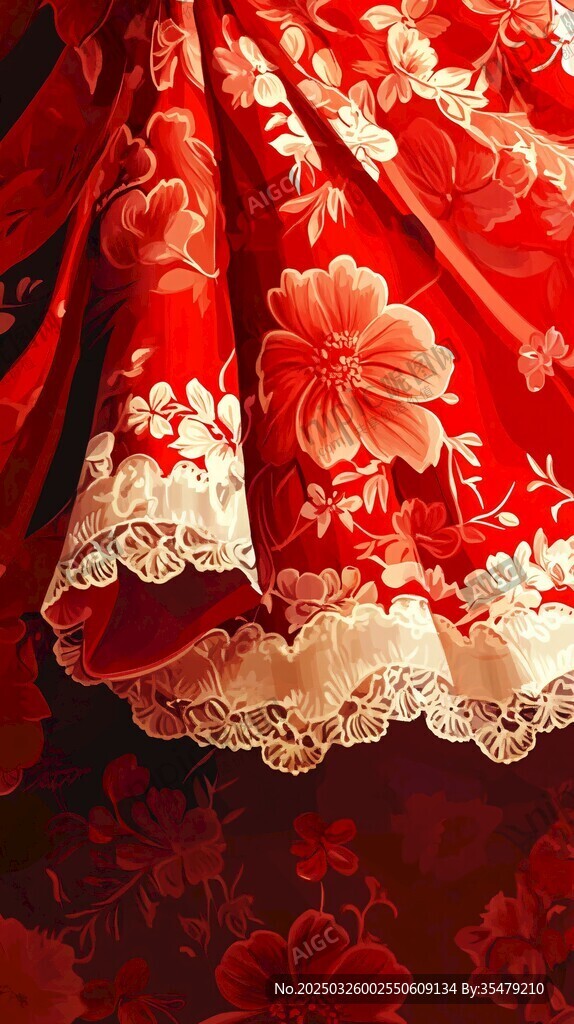 紅色花卉刺繡蕾絲裙細節