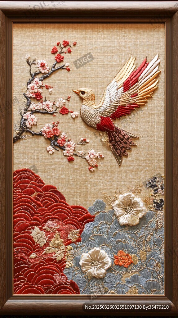 中式刺繡 飛鳥繁花海浪圖
