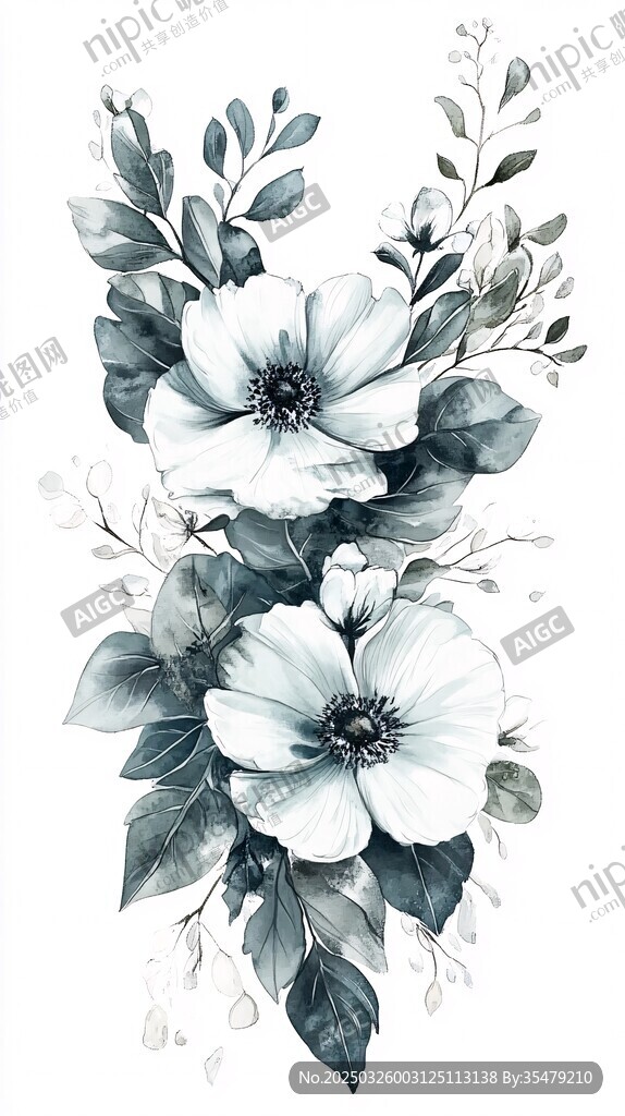 水墨風花卉植物插畫