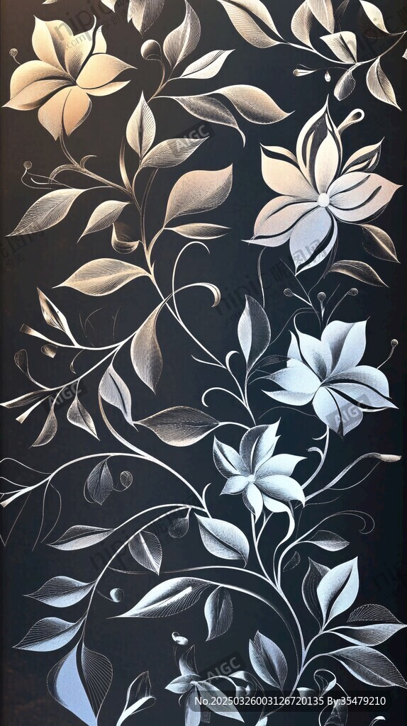 黑色背景上的花卉藤蔓圖案