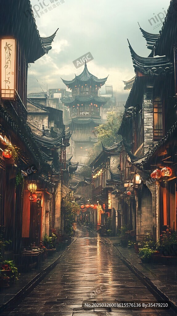 煙雨古巷中的中式建筑風情