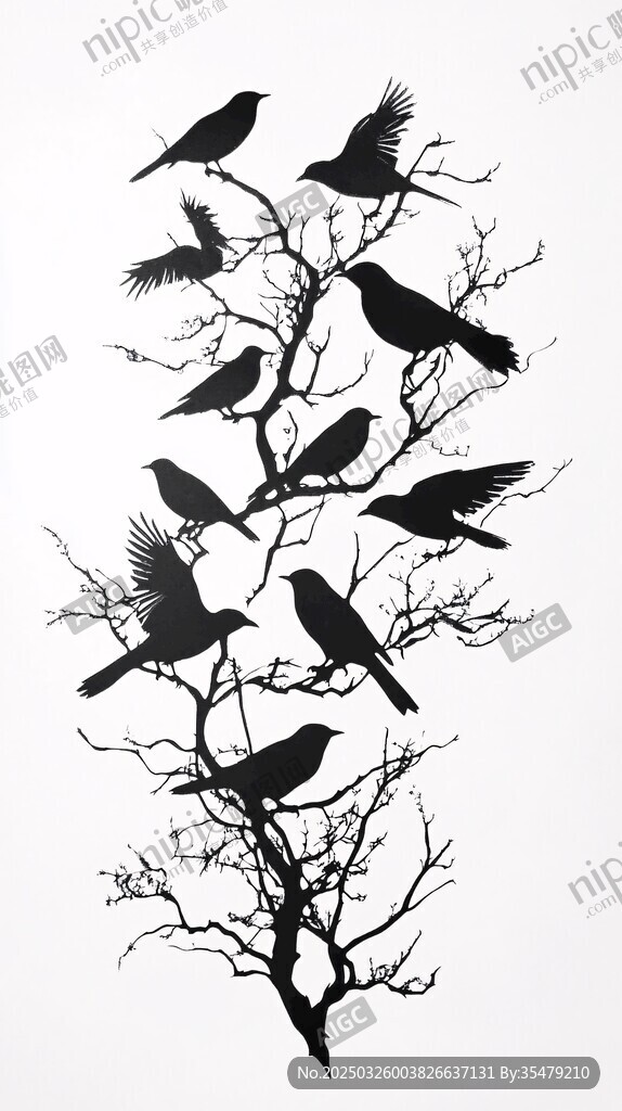 樹枝上的群鳥剪影