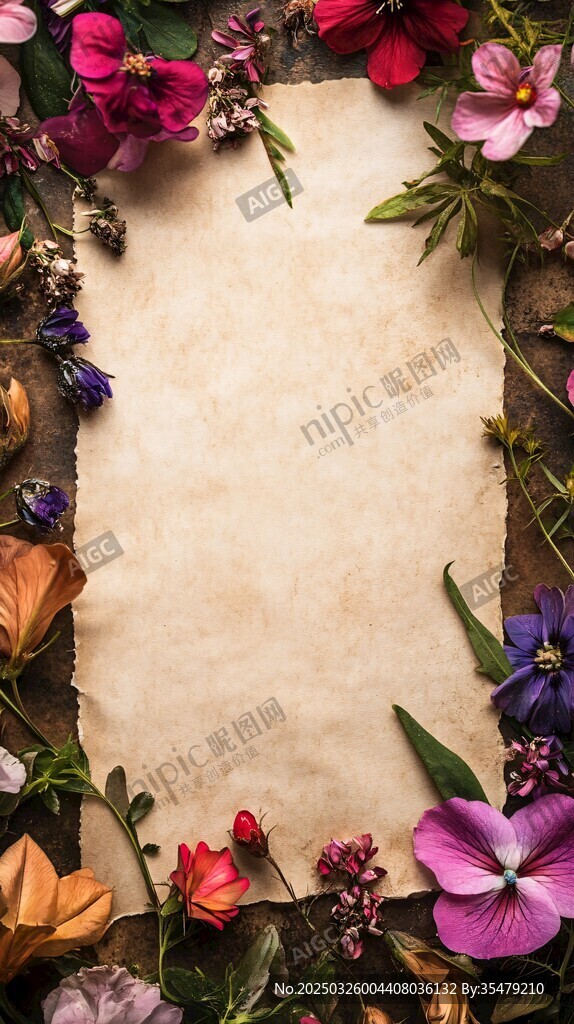 花卉環(huán)繞的復(fù)古空白紙張