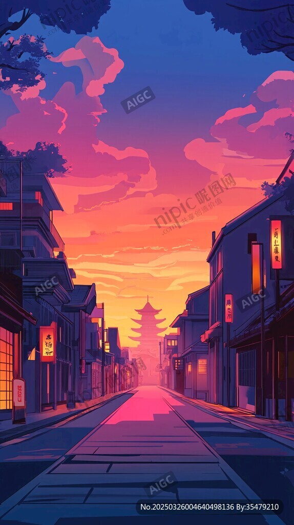 夕陽下的古風街道美景