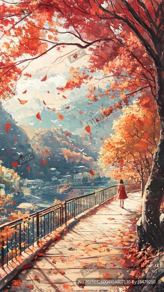 秋日漫步景 女孩獨行幽徑