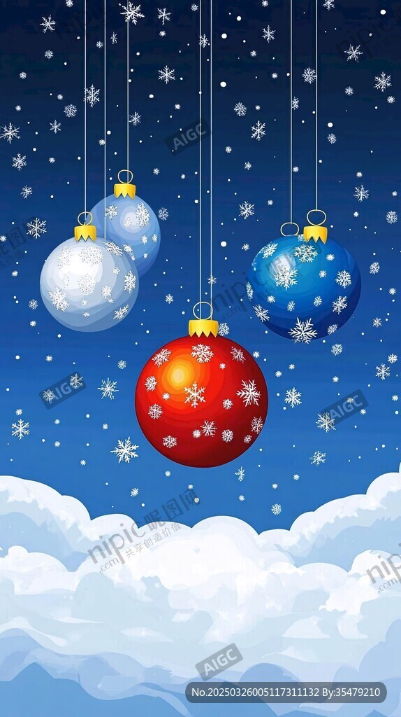 圣誕彩球懸于雪天云端