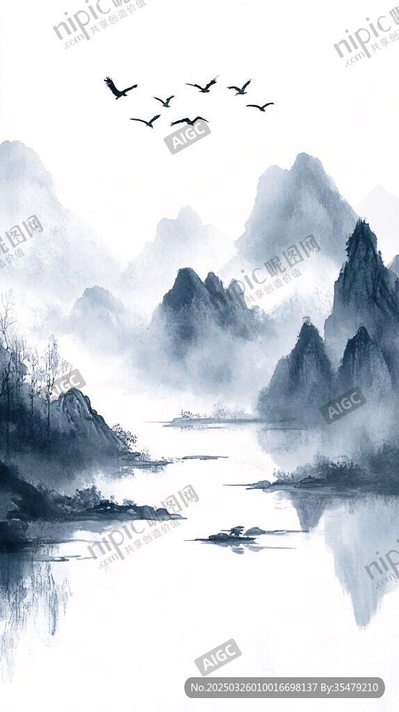 水墨山水間飛鳥伴江景