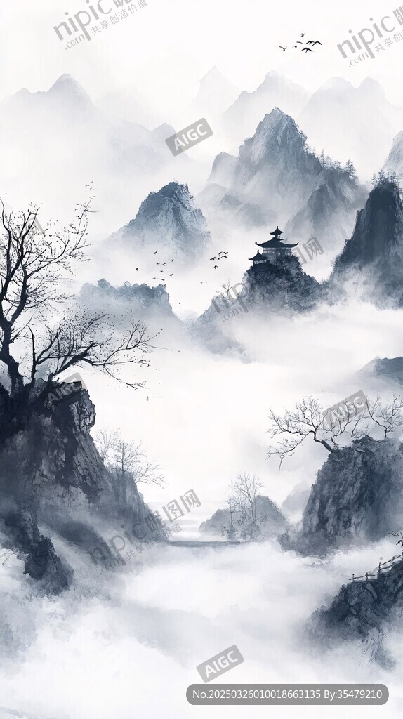 水墨山水間的靜謐古景