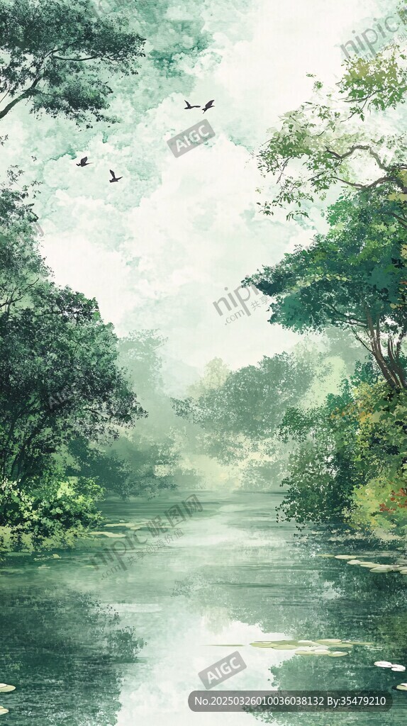 寧靜河畔森林飛鳥景致