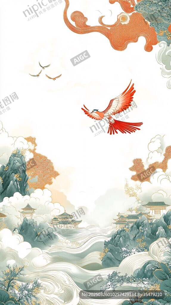 飛鳥(niǎo)翔于山水云間之景