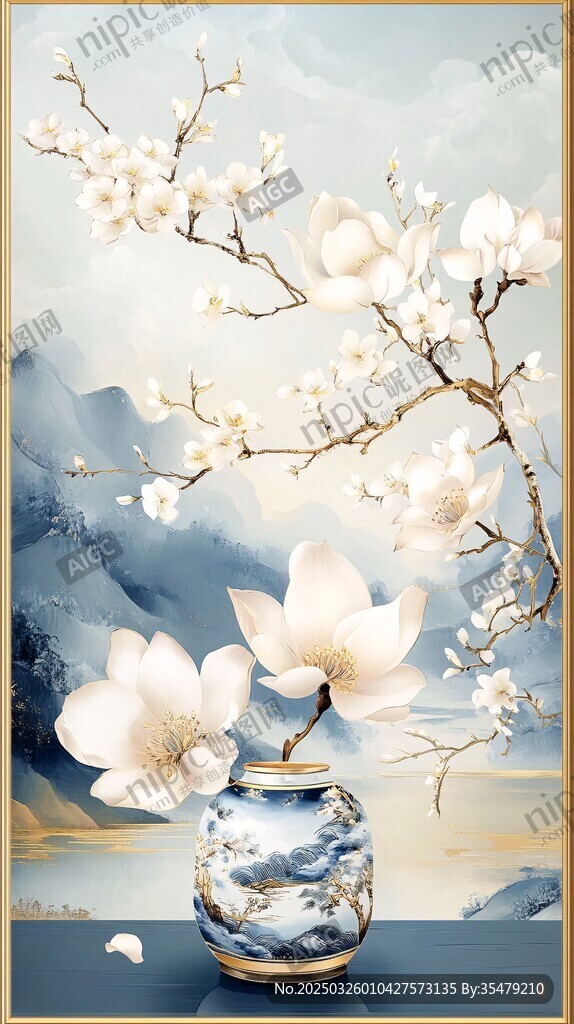 玉蘭花插于中式瓷瓶之景