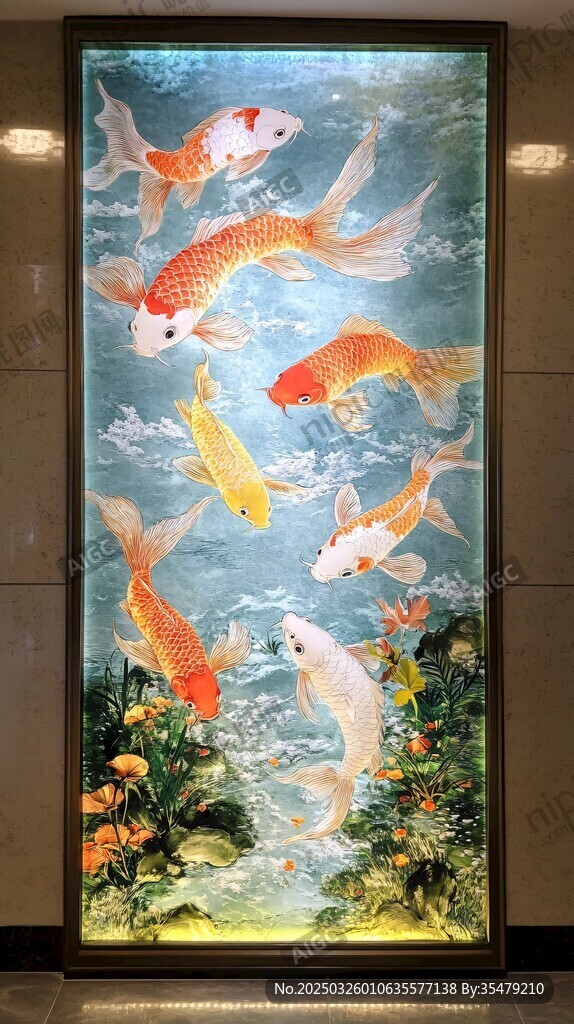 九鯉圖中式玄關裝飾畫