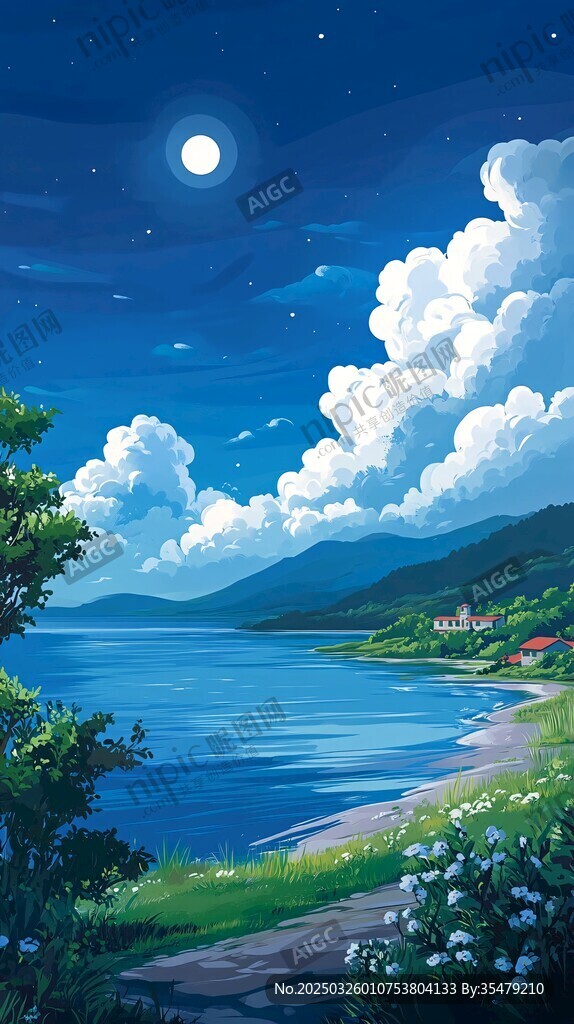 月夜湖畔美景