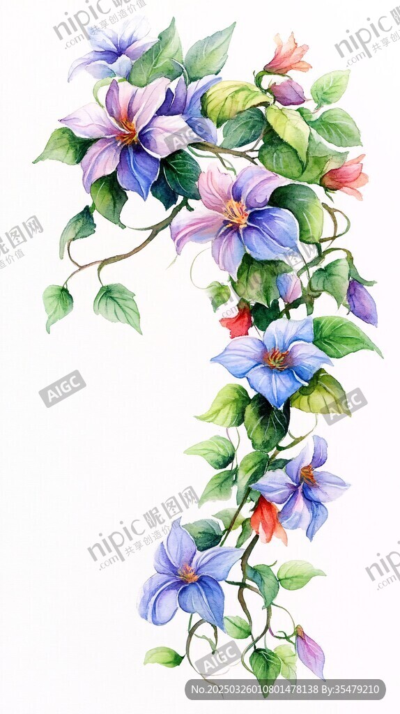手繪鐵線蓮花卉優雅畫面