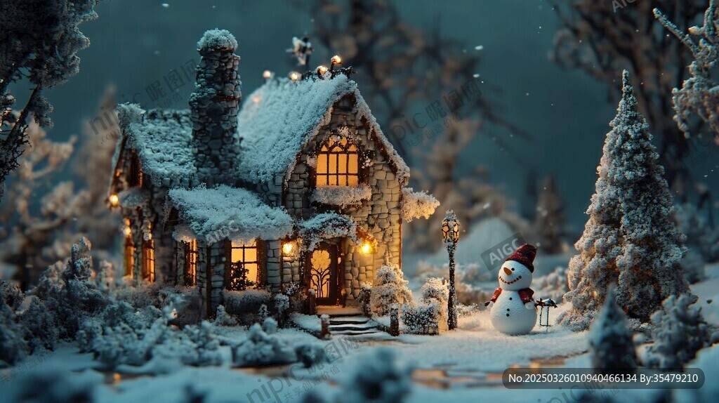 雪夜溫馨小屋與可愛(ài)雪人