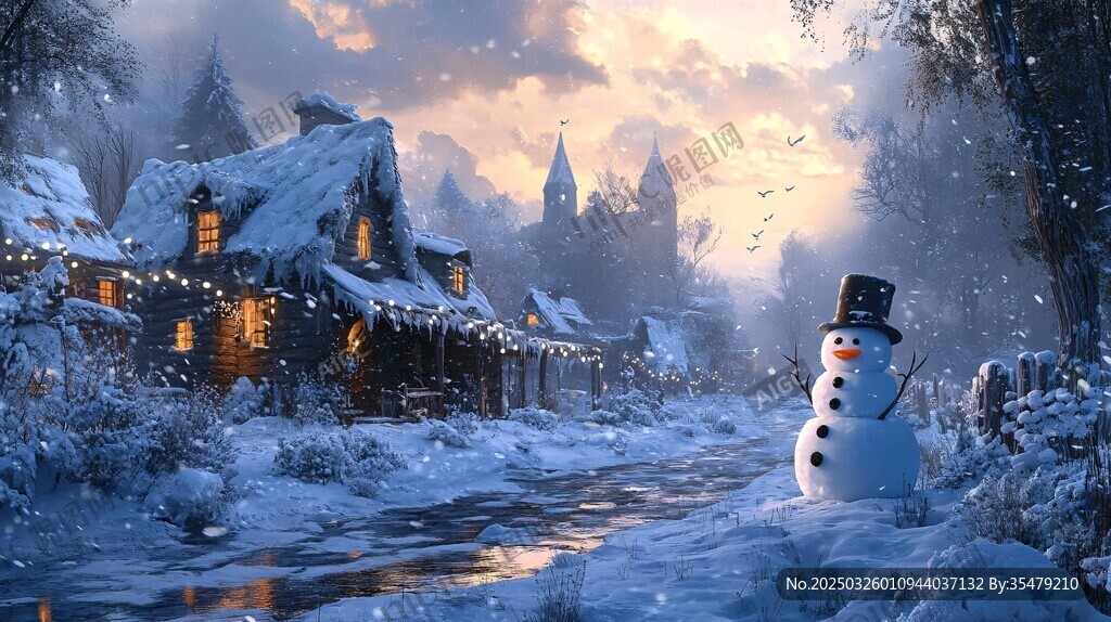 冬日雪村的夢(mèng)幻雪人景致