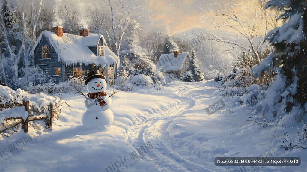 冬日雪景中的可愛雪人小屋