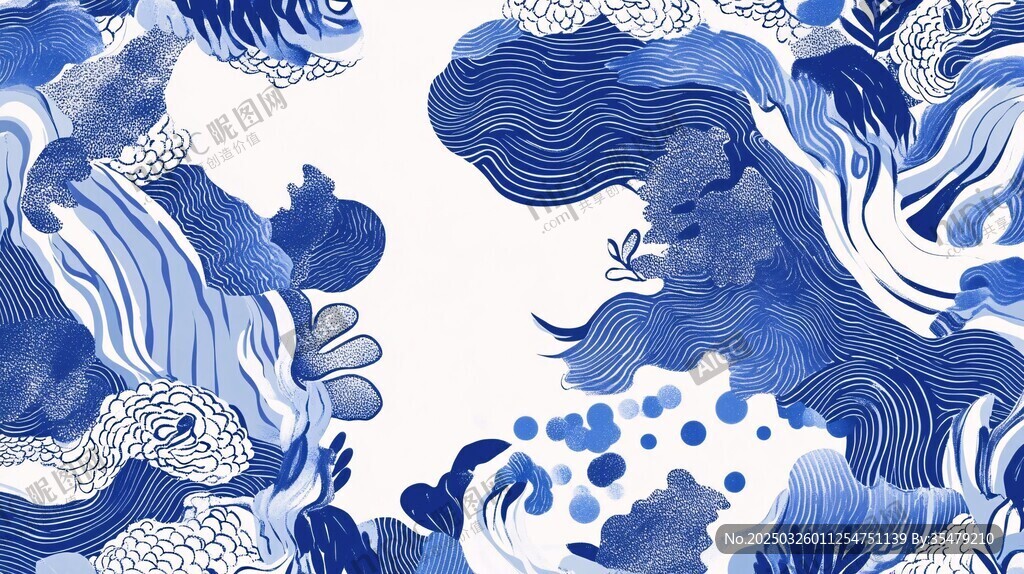 藍(lán)白海浪中式紋樣圖案