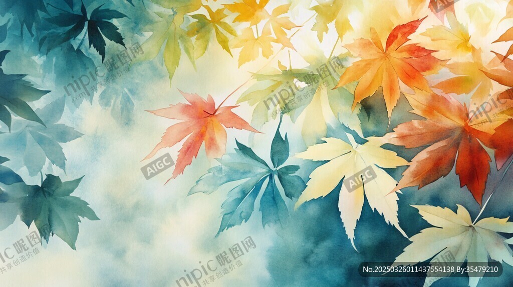 秋日楓葉水彩夢幻景致