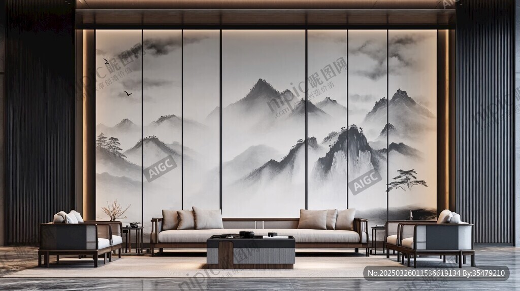 新中式客廳的山水禪意背景