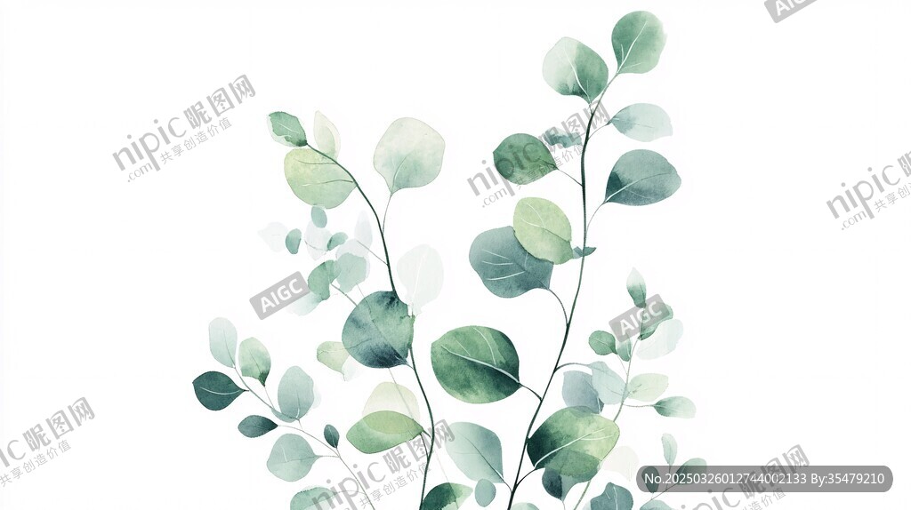 清新水彩風綠植枝葉圖