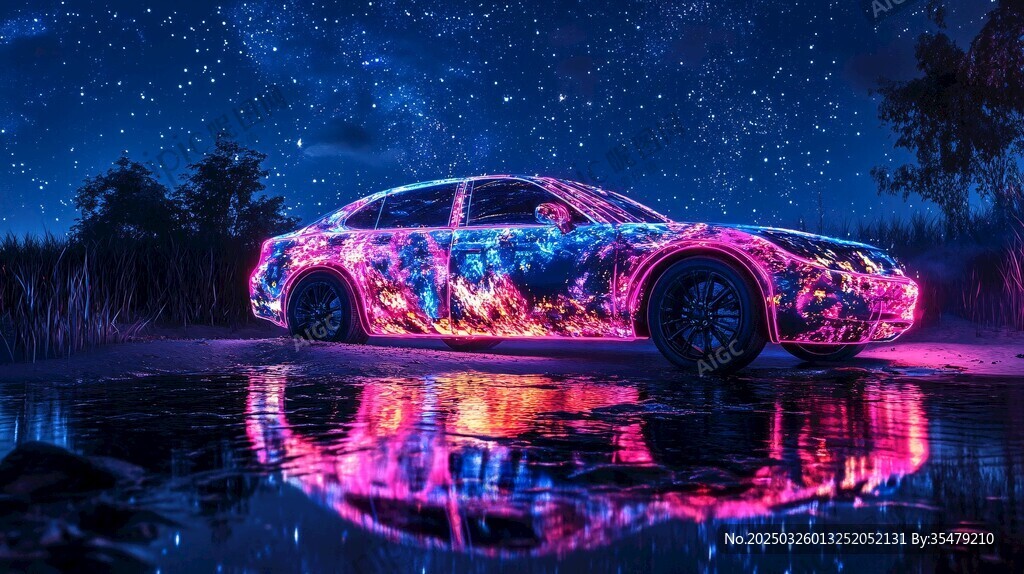 夢幻星空下的炫彩光影汽車