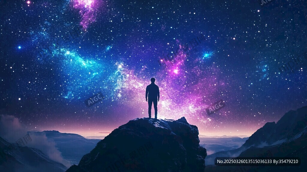 人立山巔望璀璨星空