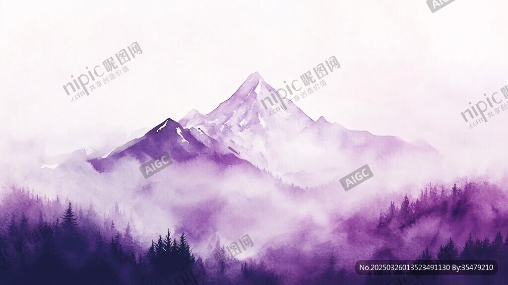夢幻紫霧中的山林雪峰