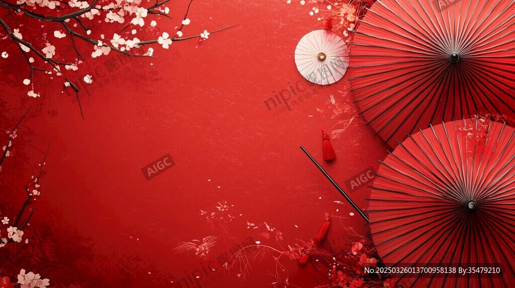 喜慶中式紅背景與油紙傘