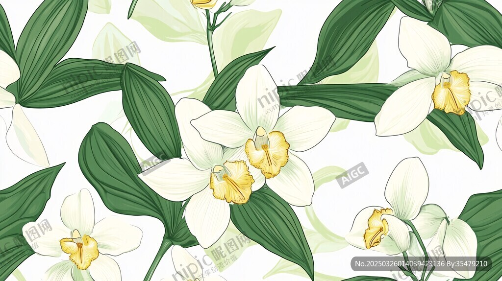 白色杓蘭綠葉花卉圖案