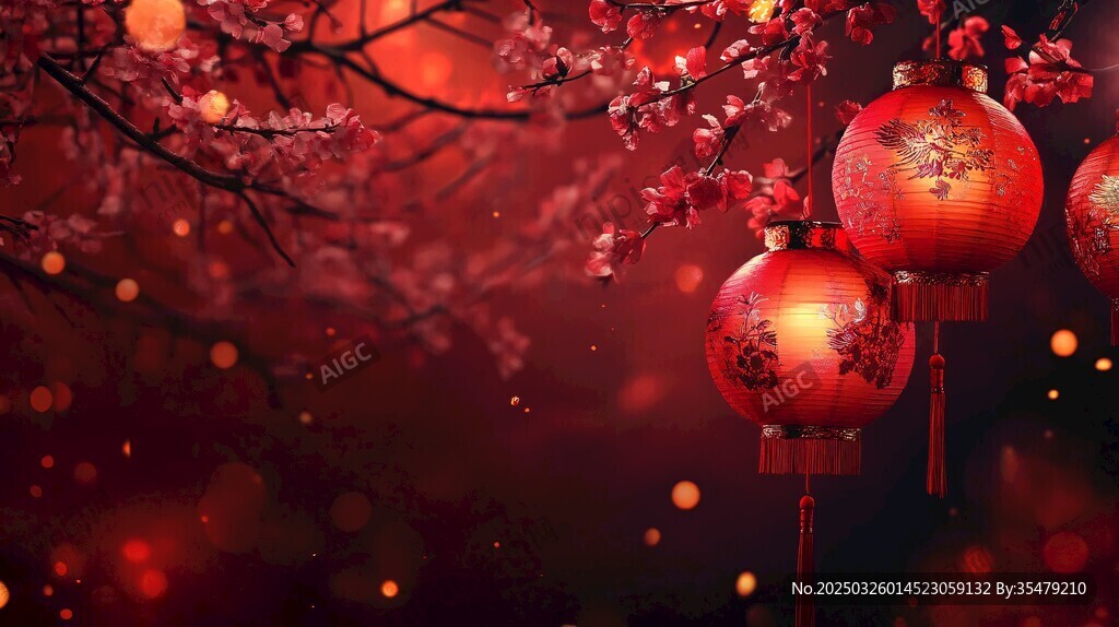 紅燈籠映繁花喜慶場景
