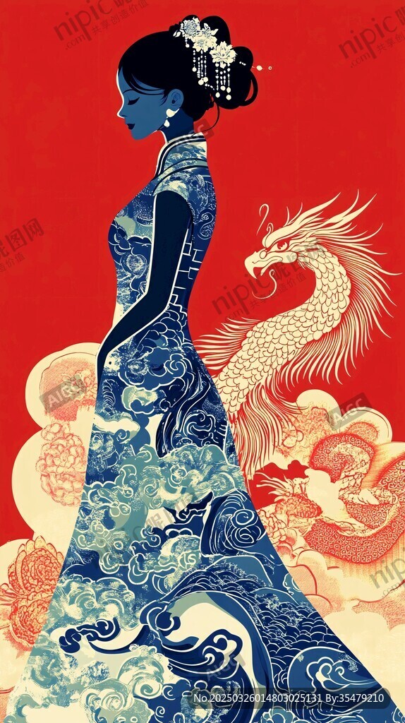 旗袍女子與祥龍中式畫(huà)卷