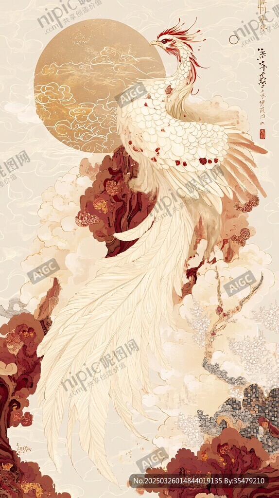 祥瑞白鳳映于繁花圓月