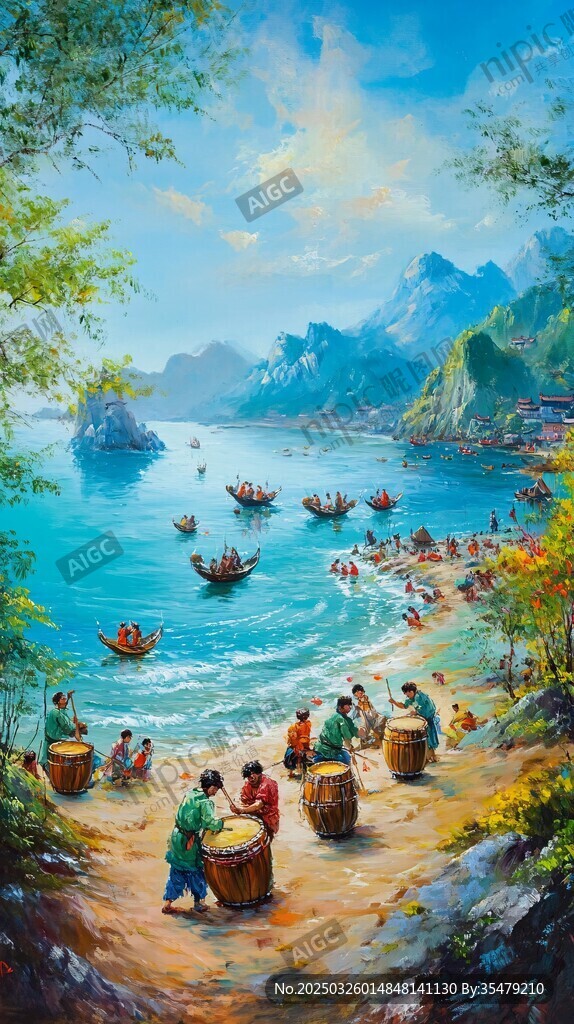 海邊漁村熱鬧生活場景
